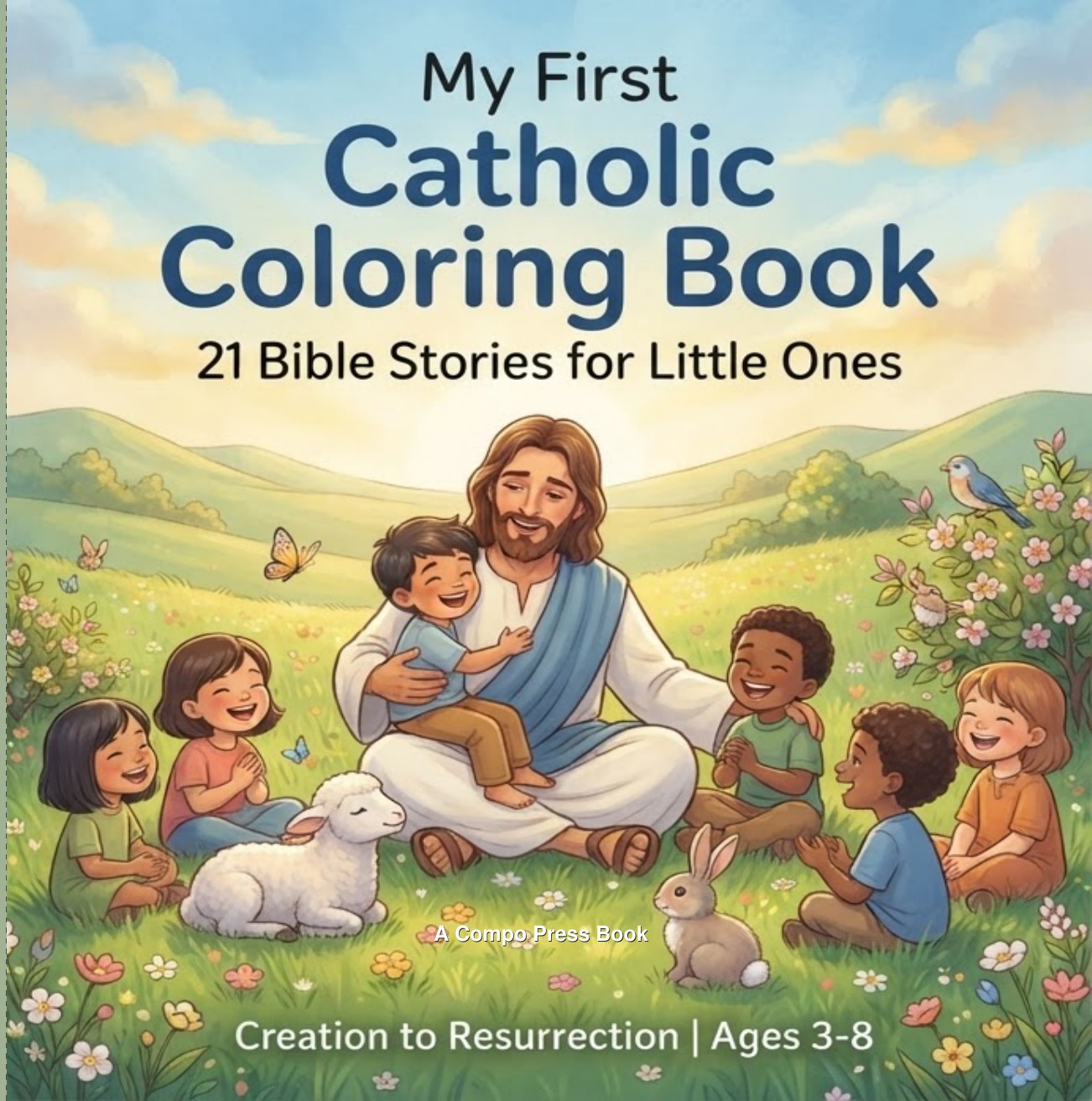 Ilustración de My First Catholic Coloring Book: niño con una cruz junto a un cordero bajo un arcoíris