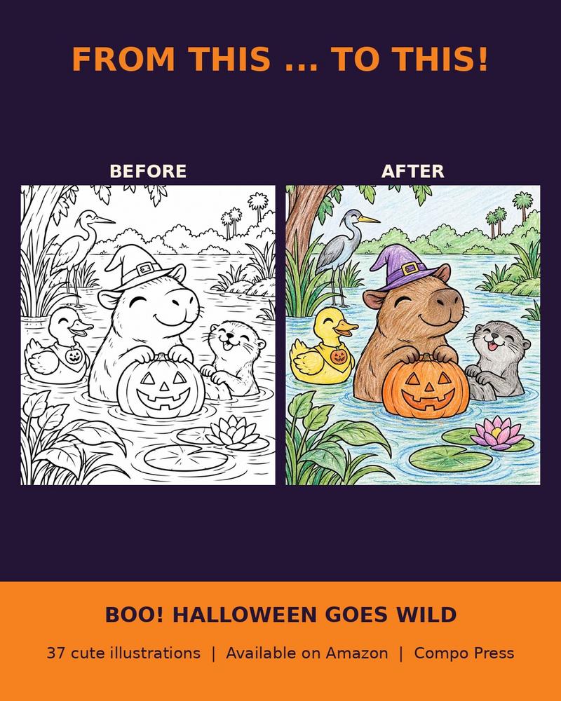 Antes y después: página de BOO! Halloween Goes Wild sin colorear y coloreada