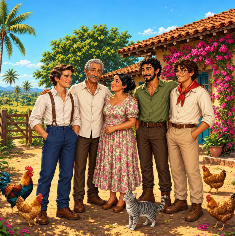 Ilustración de Palo, sal del saco: la familia reunida frente a la casa